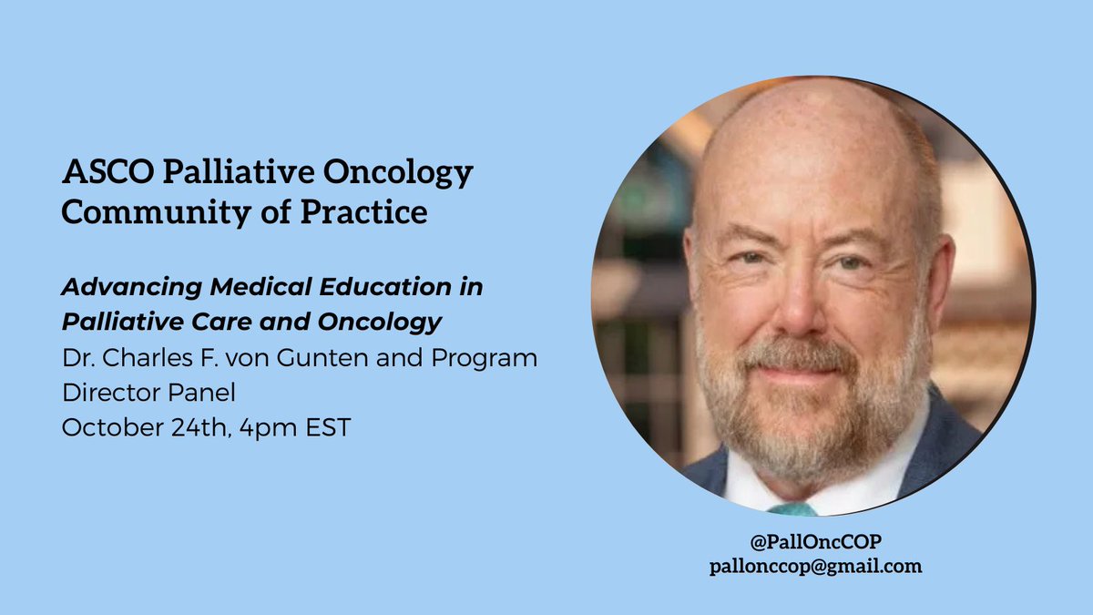 PallOncCoP's tweet photo. One week to go to our October meeting with @CvonGunten and our panel of program directors. DM or email for the zoom link and to be added to our mailing list. @ASCOTECAG @HemOncFellows @hemeoncfellow @realbowtiedoc @MazieTsangMD @vyasabhinav2 @anhbl9 @mehndz https://t.co/cvQ1Q45FCy