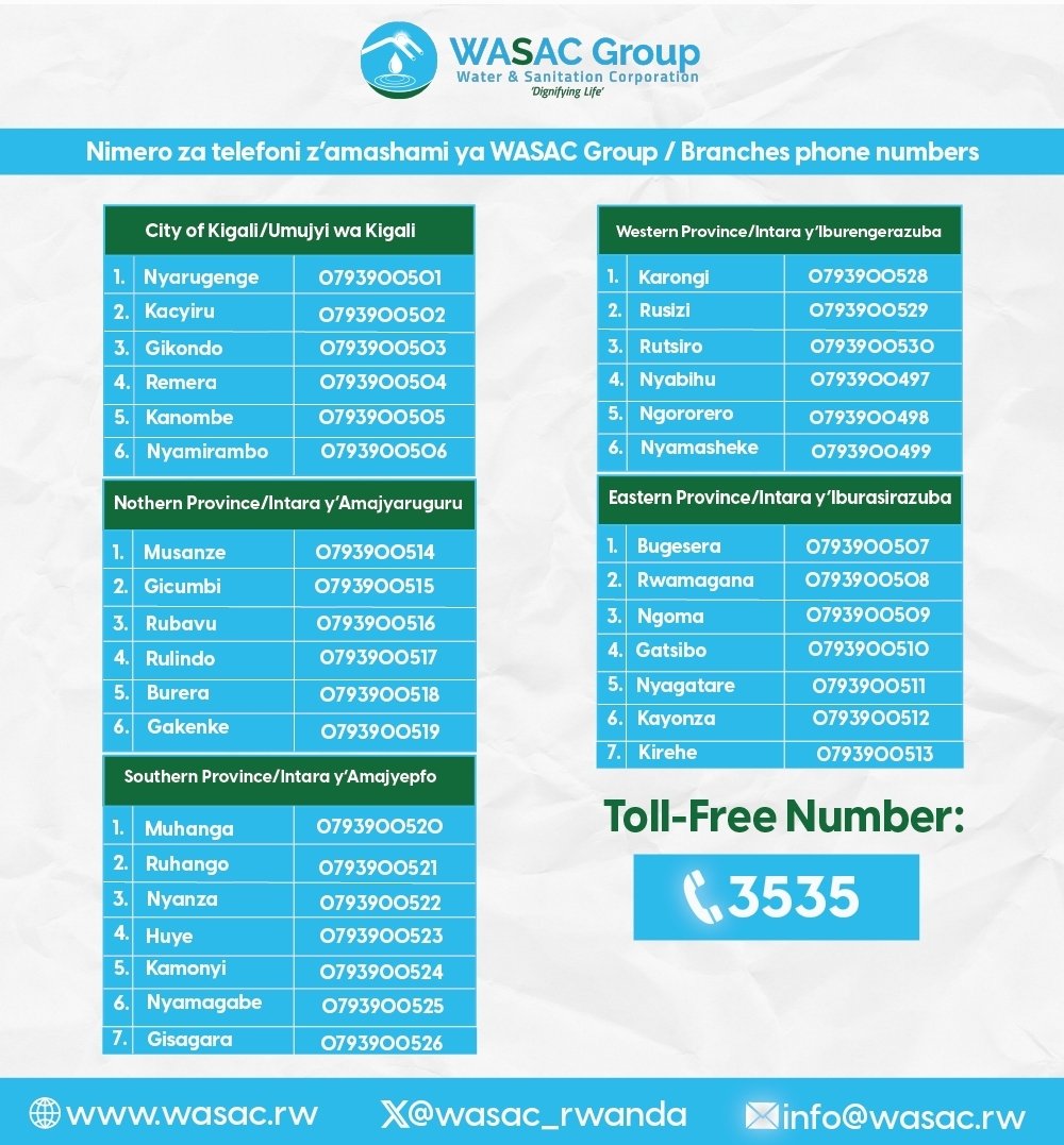wasac_rwanda's tweet photo. Turasaba abafatabuguzi bacu kwishyura Facture y'amazi ku gihe,mu rwego rwo kwirinda guhagarikirwa Serivisi no gucibwa amande. Ibiciro by'amazi bigenderwaho kuva Gashyantare 2019 biri k'umugereka. Ufite ikibazo yahamagara 📞 3535 cg akegera ishami rimwegereye bakamufasha. Murakoze https://t.co/EzxCHuTz8i