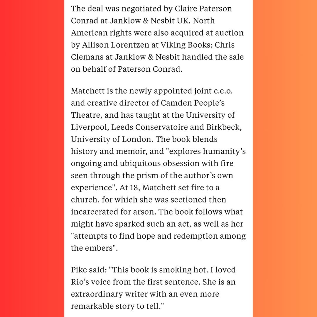 JanklowUK's tweet photo. 🔥DEAL ANNOUNCEMENT🔥

Janklow author @riomatchett's PYROMANIAC: A Personal and Cultural History of Fire will be published by @WmCollinsBooks!
.
"An extraordinary writer with an even more remarkable story to tell." https://t.co/SLBcPECbHH
