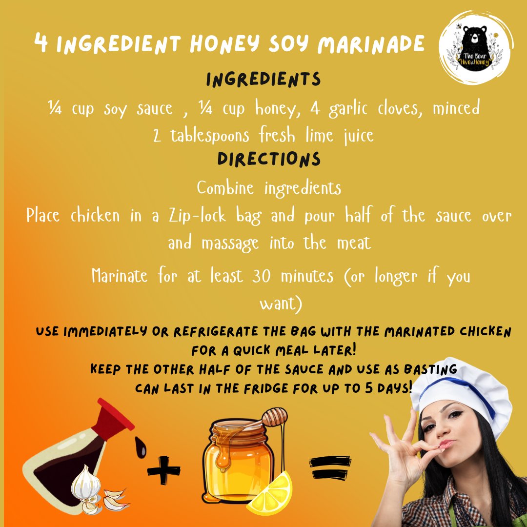 Heinrich_Bee's tweet photo. You can say what you want about honey, but you can never accuse it of not being versatile! Try this easy 4-ingredient sauce. It is so delicious on chicken but also works well on seafood and pork!
https://t.co/5QSBs81WAD

#bearhivehoney #honeymarinade #recipes #honeyrecipes https://t.co/zE2dQgWrQ8