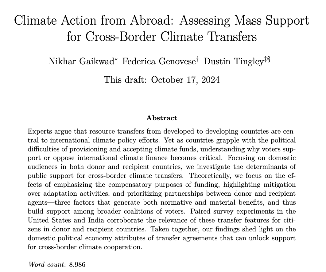 Federica Genovese (@fgenovese__) on Twitter photo Dustin, Nikhar and I have a conditionally accepted paper at <a href="/IntOrgJournal/">International Organization</a> we'd love you to know about!
Some notes and results from the paper, which is here: papers.ssrn.com/sol3/papers.cf…
Paper is abt where the public stands -and where it could stand- on climate finance transfers.🧵 Dustin, Nikhar and I have a conditionally accepted paper at <a href="/IntOrgJournal/">International Organization</a> we'd love you to know about!
Some notes and results from the paper, which is here: papers.ssrn.com/sol3/papers.cf…
Paper is abt where the public stands -and where it could stand- on climate finance transfers.🧵