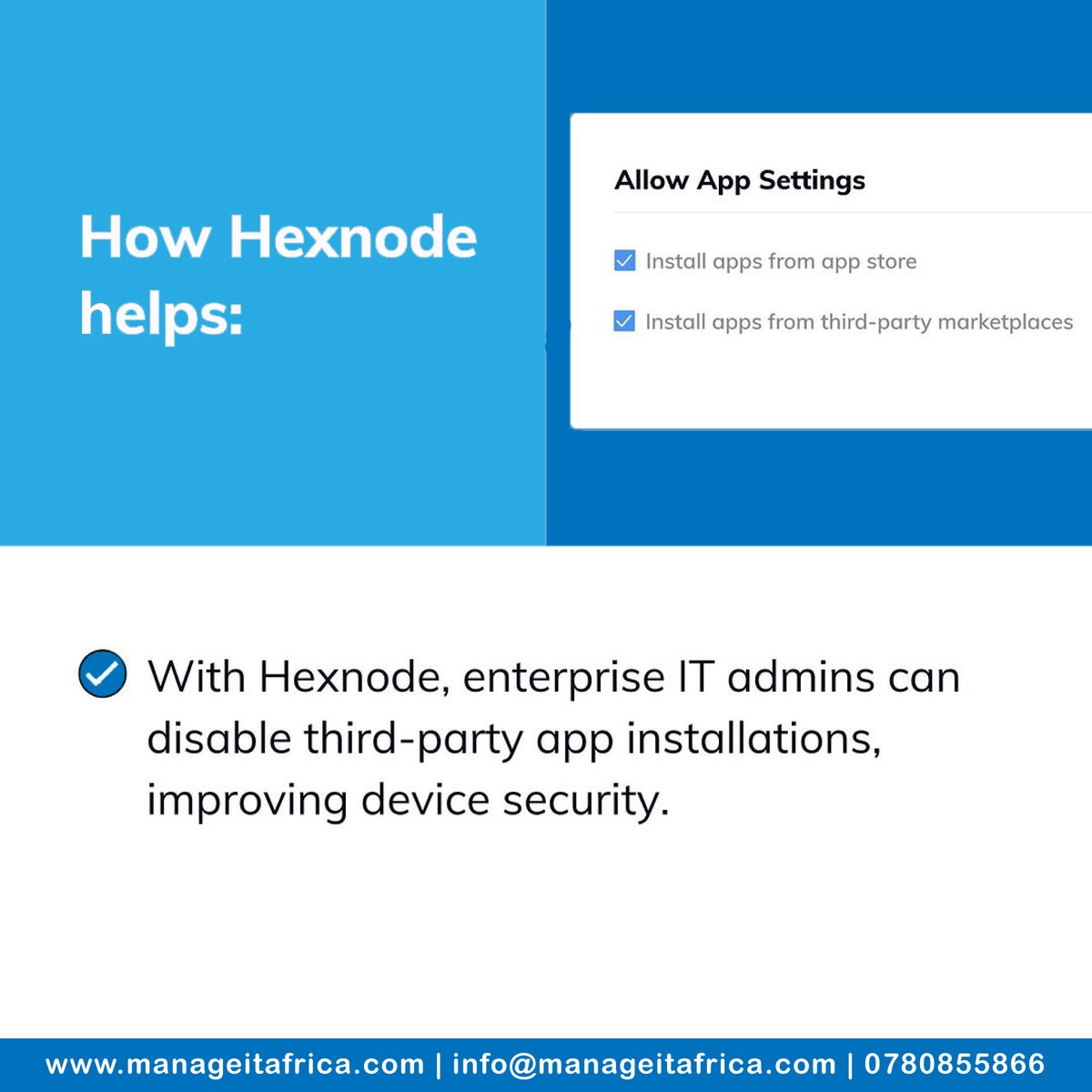 manageitafrica's tweet image. With the introduction of the EU Digital Markets Act, iOS devices can now sideload apps from third-party marketplaces.

Hexnode enhances device security by prohibiting app installations from third-party stores.

Swipe right to learn more!

#hexnode #manageit #ios #CyberSecurity