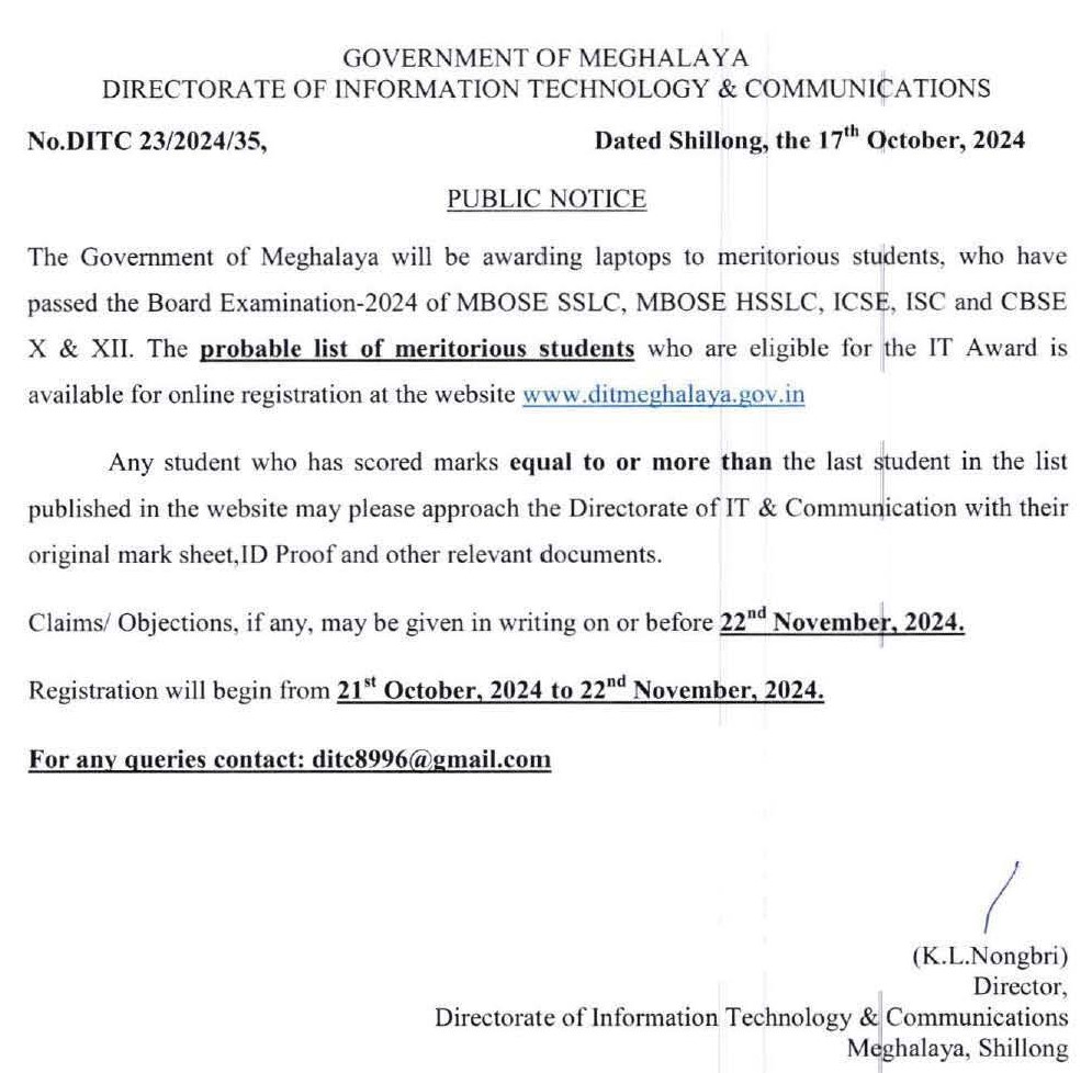 MeghalayaGov's tweet image. Public Notice for the #Registration of #MeritoriousStudents for the Academic Year 2024 @DiprMeghalaya (meghalaya.gov.in/sites/default/…)
#Shortlisted List of Meritorious Students for #ITAwards2024: ditmeghalaya.gov.in/pdf/Shortliste…