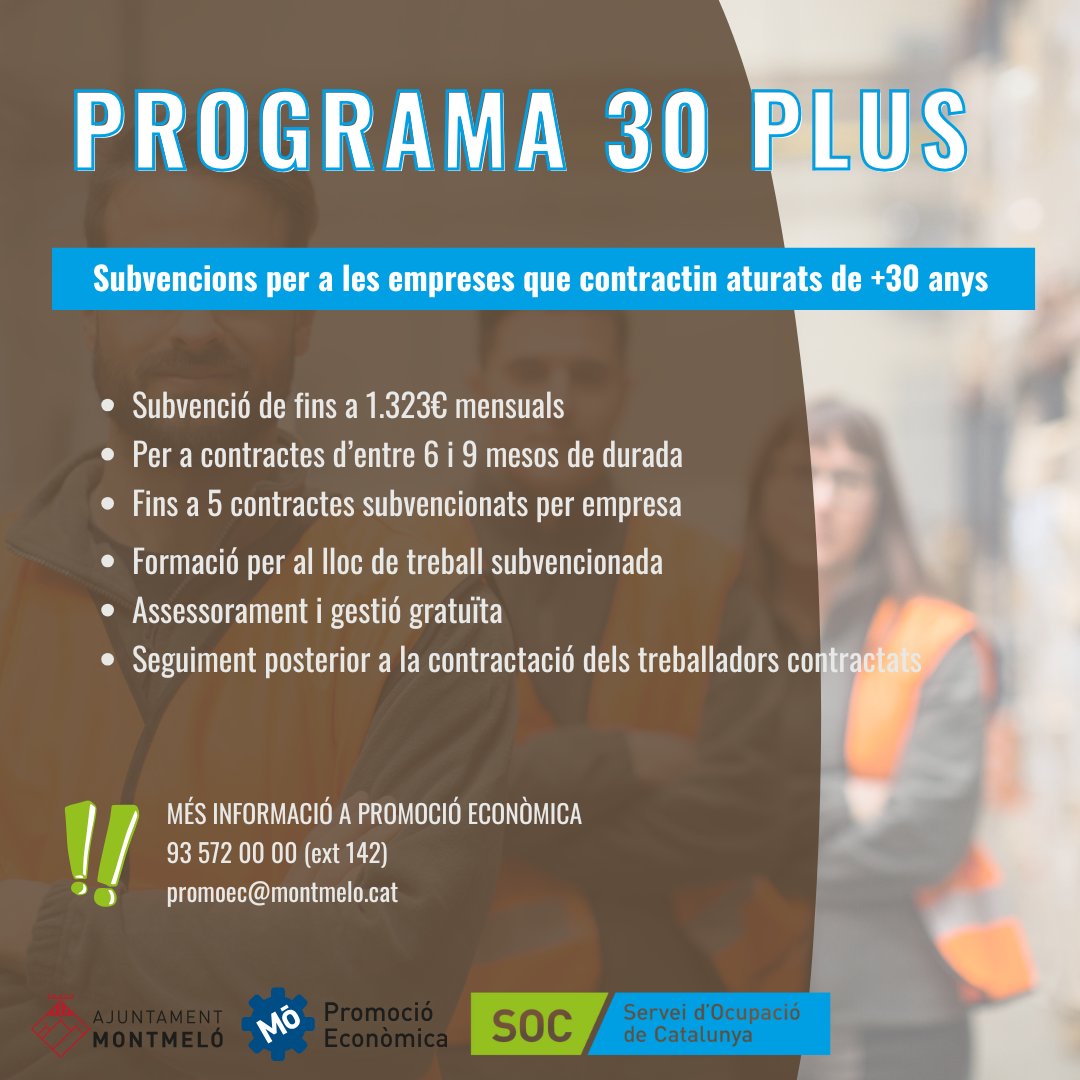 ajmontmelo's tweet image. ✅El SOC obre el programa 30 Plus per a subvencionar les contractacions de persones aturades +30 anys.
❗Si necessiteu contractar personal, contacteu-nos per gestionar la vostra oferta de feina i us donarem tota la informació per sol·licitar la subvenció.

#Montmeló #SOC #30plus