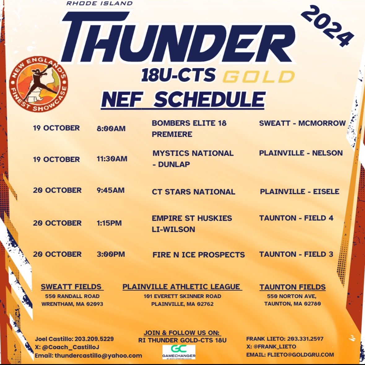 Madison DeSombre 2026 (@mdesombre2026) on Twitter photo NEW ENGLAND’S FINEST SHOWCASE SCHEDULE!! We would love to see you come out and watch such talented teammates demonstrate their skills this weekend!! Can’t wait to be back on the field!
<a href="/Coach_CastilloJ/">Coach Castillo</a> <a href="/Frank_Lieto/">Frank Lieto</a> NEW ENGLAND’S FINEST SHOWCASE SCHEDULE!! We would love to see you come out and watch such talented teammates demonstrate their skills this weekend!! Can’t wait to be back on the field!
<a href="/Coach_CastilloJ/">Coach Castillo</a> <a href="/Frank_Lieto/">Frank Lieto</a>