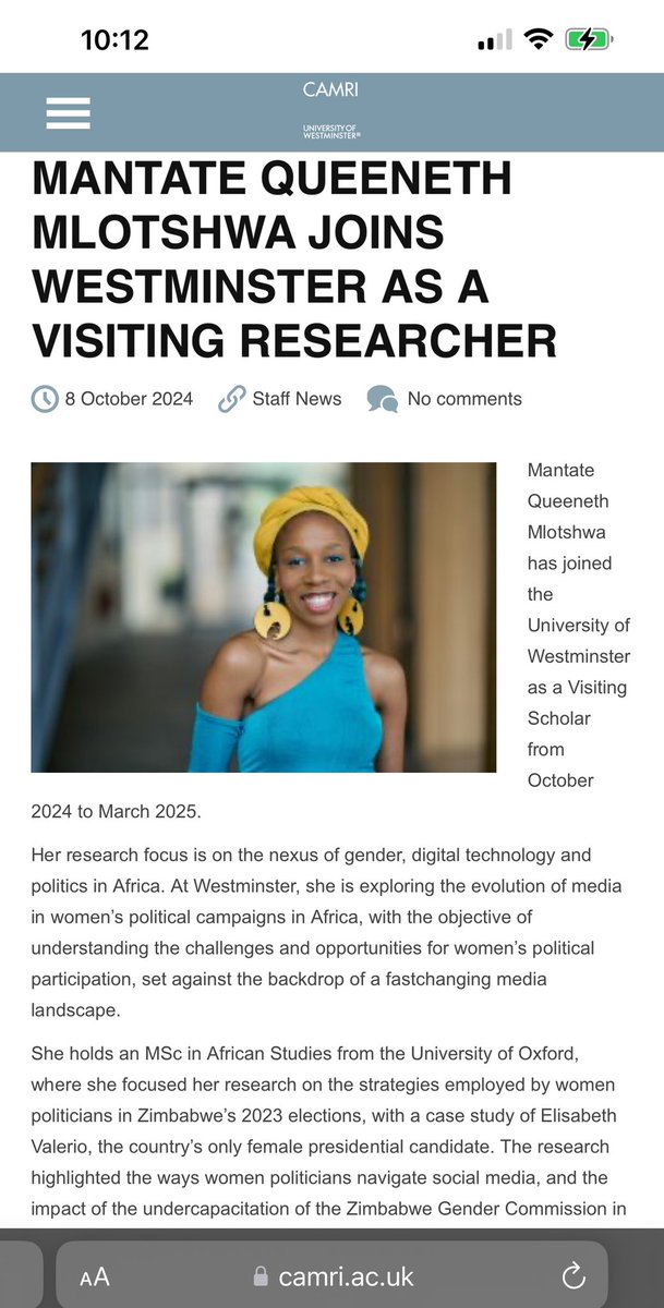 Mantate Mlotshwa (@mantatequeeneth) on Twitter photo Always excited about women and political leadership, and engaging in conversations about what it looks like in today’s world.
Grateful to be doing this work with Prof <a href="/WinsMan/">Winston Mano</a> and the incredible <a href="/UniWestminster/">University of Westminster</a> community. The goal is to keep growing.🦋
camri.ac.uk/blog/2024/10/0… Always excited about women and political leadership, and engaging in conversations about what it looks like in today’s world.
Grateful to be doing this work with Prof <a href="/WinsMan/">Winston Mano</a> and the incredible <a href="/UniWestminster/">University of Westminster</a> community. The goal is to keep growing.🦋
camri.ac.uk/blog/2024/10/0…