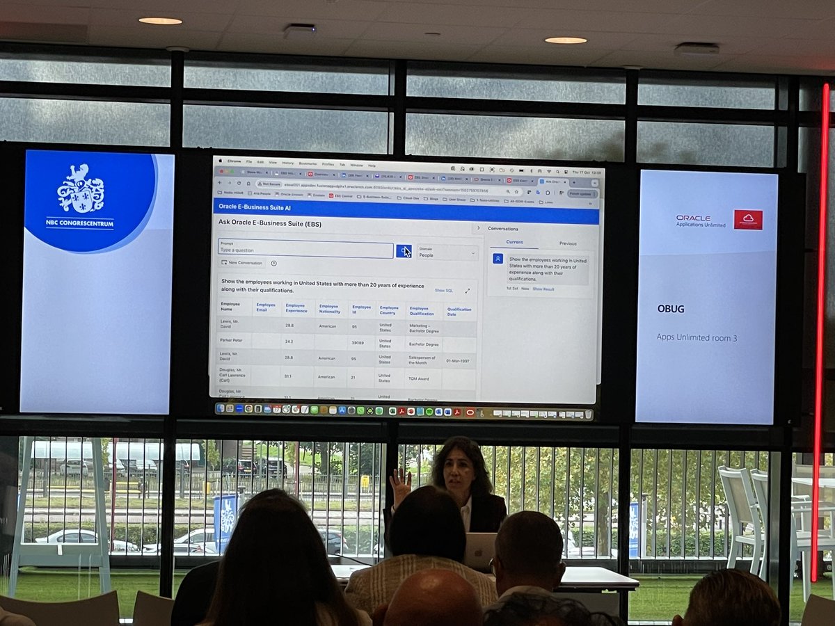 Nadia Bendjedou demoing Oracle Select AI against Oracle EBS via Oracle APEX - chat and ask questions against your EBS system 😮 #oracle #orclapex #GenAI