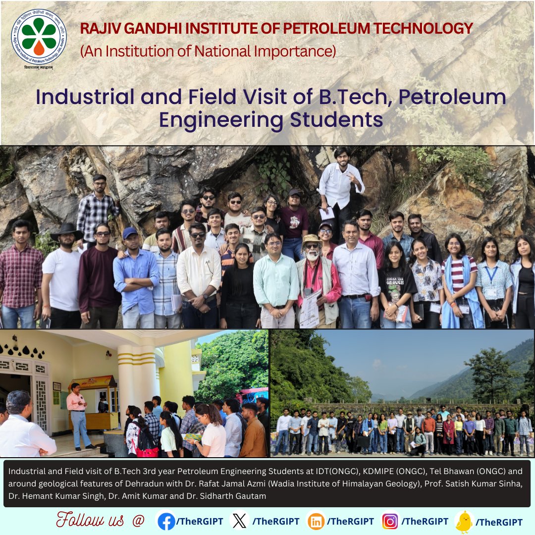 TheRGIPT's tweet image. Industrial and Field Visit of B.Tech, Petroleum Engineering Students
#RGIPT | #petroleumengineering | #fieldvisit | #IndustryVisits | #ONGC