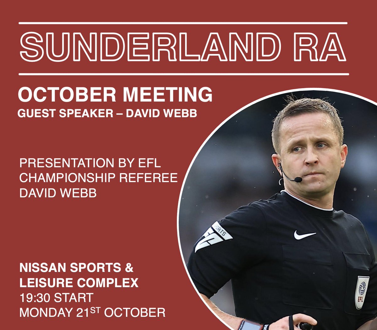 🚨Guest Speaker🚨
Don’t miss our October meeting with EFL Championship referee David Webb!