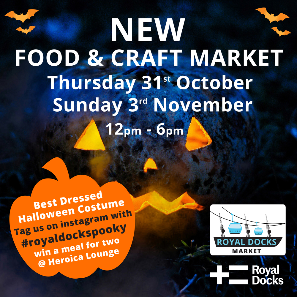 Join us for the launch of our new Royal Docks Market starting with a Halloween special! Enjoy streetfood, arts and craft stalls, as well as face painting and music! Why not enter our best Halloween Costume competition too! Share your photos on insta using #royaldocksspooky