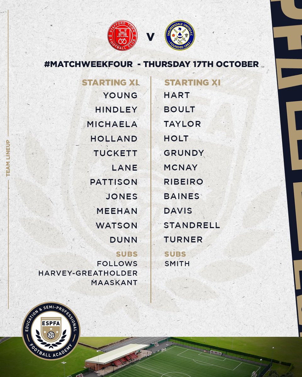 ESPFAcademy's tweet photo. #MatchweekFour team line-ups.
ESPFA Staffordshire (@StaffordTownFC) v ESPFA Lancashire (@Skemutdofficial) https://t.co/xLBaIS0bXQ