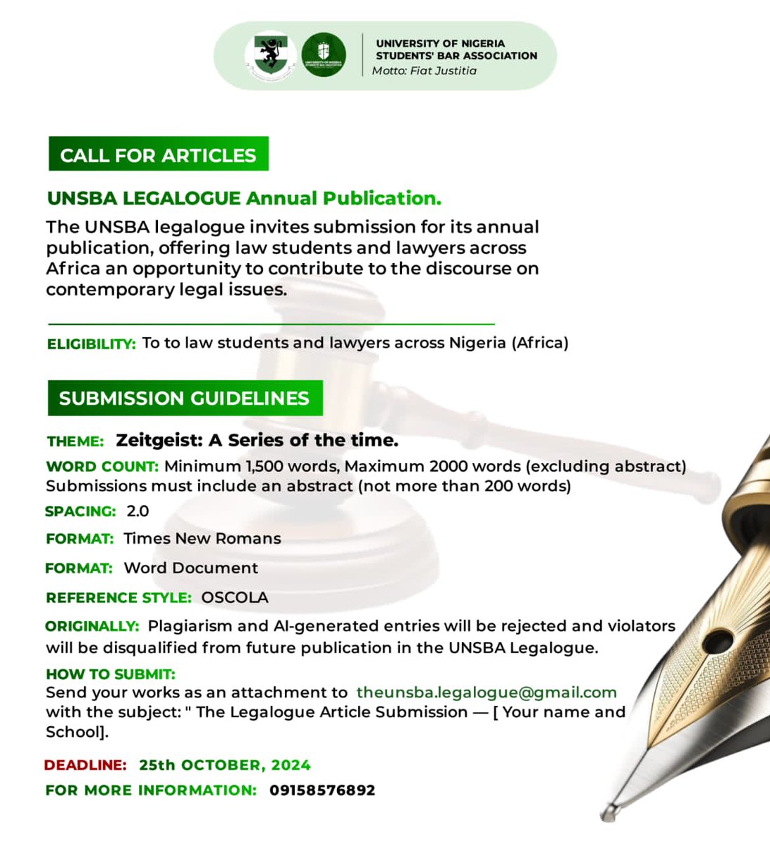 Attention all writers!

This is your opportunity to have your work featured in the UNSBA Legalogue Annual Publication. We welcome articles that showcase your insights and expertise in the field of law.

To submit your article via the email link: theunsba.legalogue@gmail.com.