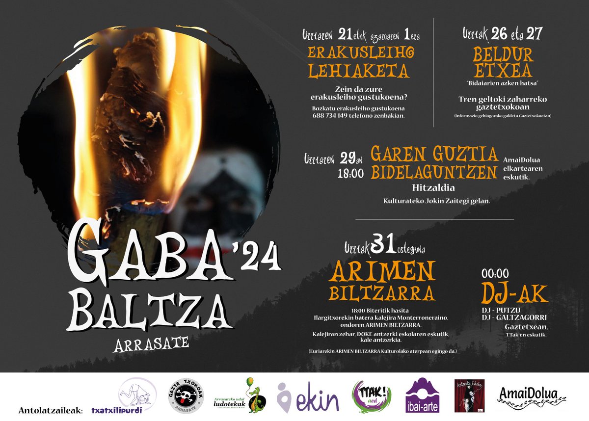 Badator gaba baltza...🖤🦇

Aurten, Txatxilipurdi elkarteak, Ekin emakumeak elkarteak, Doke Antzerki Eskolak, Amaidoluak, TTAK gazte taldeak, Ibai Artek eta Arrasateko Udal Ludotekek eta Gaztetxokoek elkarlanean, egitarau zabala antolatu dugu.