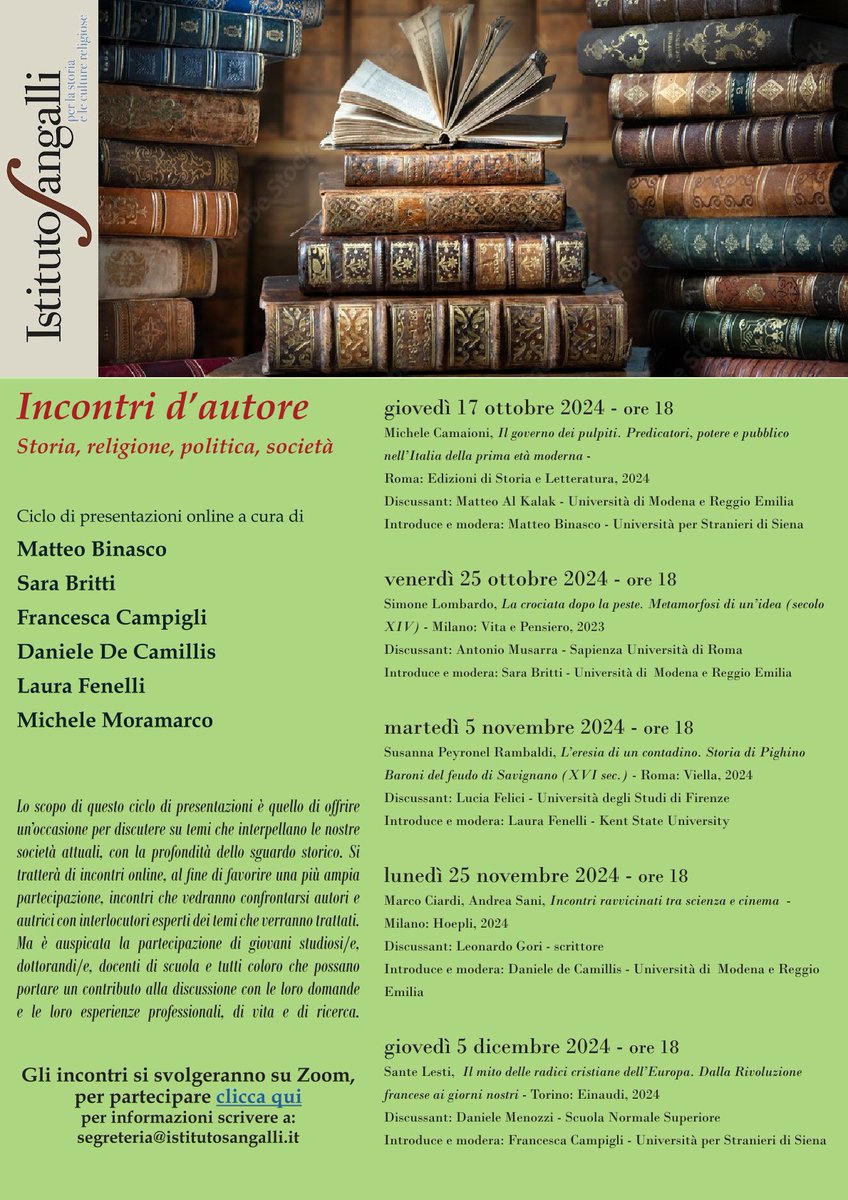 #Predicazione #religione #politica in Italia in età moderna: oggi alle 18 presentiamo il libro di Michele Camaioni <a href="/Sangallistituto/">Istituto Sangalli</a> <a href="/UnivRoma3/">Università Roma Tre</a> con <a href="/MatteoAlKalak/">Matteo Al Kalak</a> e Matteo Binasco
Per il link scrivere a segreteria@istitutosangalli.it