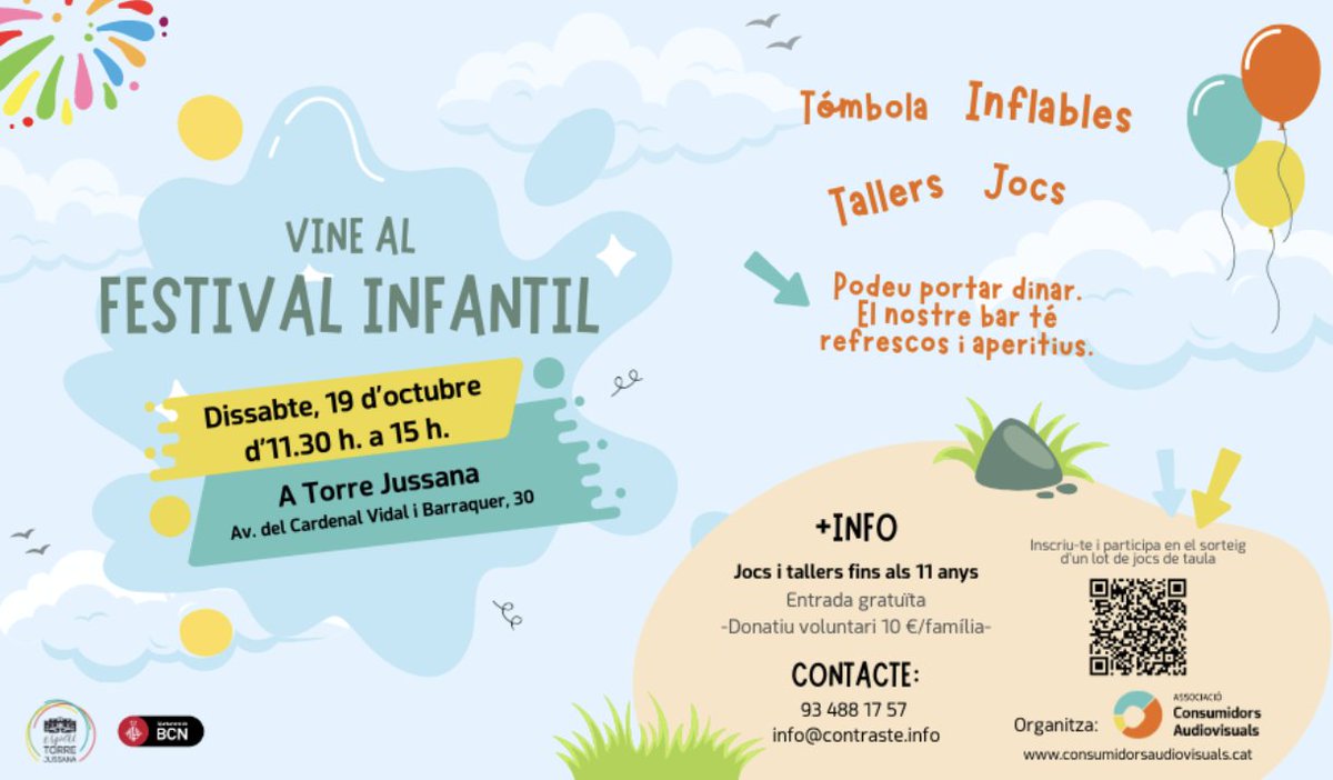 Este sábado, tienes una cita en el Festival Infantil de  <a href="/Telespectadors/">Consumidors Audiovisuals – Premis Zapping</a> 
Una fiesta familiar para desconectar de las pantallas, donde los más peques serán protagonistas. Con juegos, inflables, actividades.. ¡y muchas sorpresas!
Sábado, 19 de octubre, de 11:30 a 15h en <a href="/tjussana/">Torre Jussana</a>