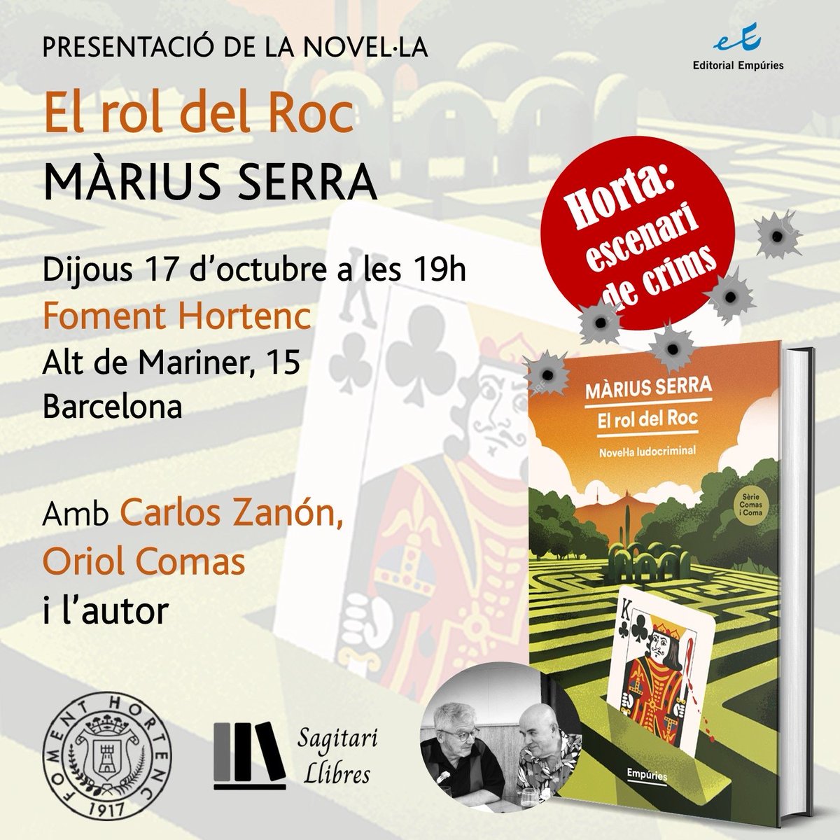 L'amic <a href="/mariusserra/">Màrius Serra</a> ens fa arribar aquest missatge: 

Avui presentarem El rol del Roc al Foment Hortenc, un dels escenaris de la novel·la. Els que hi surten, com un tal Joan que servia en un històric restaurant hortenc anomenat Sopa de Lletres, tenen lloc reservat!

Hi serem!