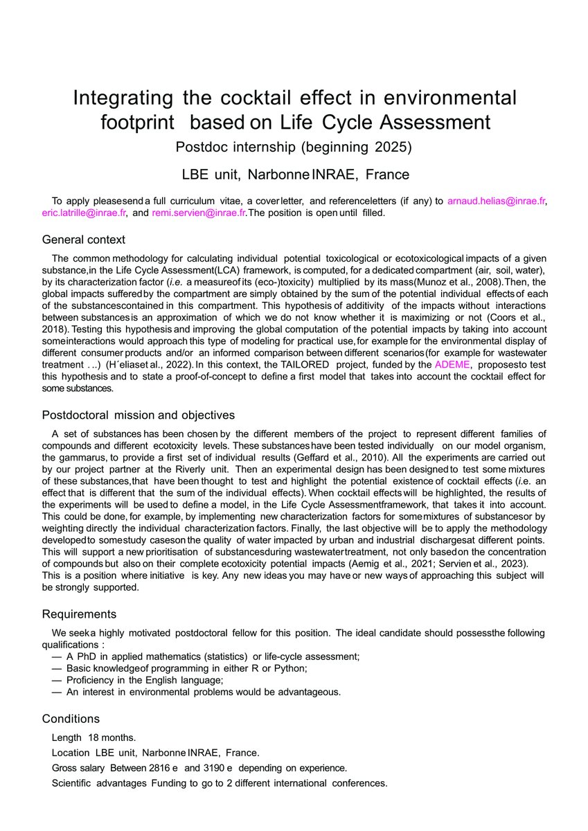 LBE_INRAE's tweet photo. 👉Nouvelle offre d'emploi ! 
Nous recherchons un(e) postdoc pour 18 mois au LBE (INRAE - Narbonne) pour travailler sur l'intégration de l'effet cocktail dans le calcul de l'empreinte environnementale en ACV. Plus d'infos dans le document joint. https://t.co/xzIlb2Qkoi