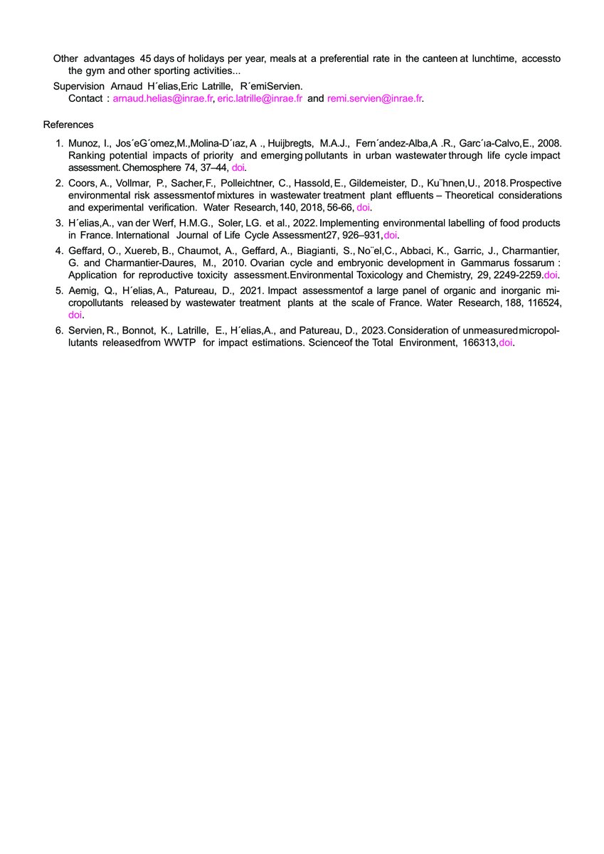 👉Nouvelle offre d'emploi ! 
Nous recherchons un(e) postdoc pour 18 mois au LBE (INRAE - Narbonne) pour travailler sur l'intégration de l'effet cocktail dans le calcul de l'empreinte environnementale en ACV. Plus d'infos dans le document joint.