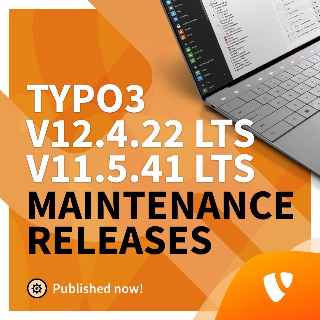 typo3's tweet image. This week, we’ve published #TYPO3 v12.4.22 &amp;amp; v11.5.41 #LTS, which contain bugfixes only. Happy updating! 

More info at typo3.org/article/typo3-… 

Plus, our TYPO3 #ELTS team released a new version for TYPO3 10.4.47 👉 typo3.com/blog/typo3-104…