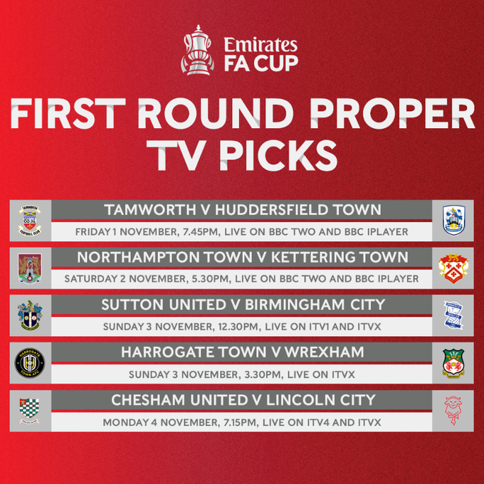 GENERALS CHOSEN FOR TV 🏆

We are thrilled to confirm that our <a href="/EmiratesFACup/">Emirates FA Cup</a> First Round tie against <a href="/LincolnCity_FC/">Lincoln City FC 🇺🇦</a> has been selected for live coverage on <a href="/itvfootball/">ITV Football</a> &amp; ITV4 📺

The match will kick-off at 7.15pm on Monday 4th November 🗓

Read more 👉 cheshamunited.co.uk/lincoln-city-m…