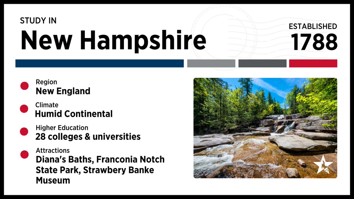 💡 Ever considered studying in New Hampshire?  It boasts Diana's Baths, Franconia Notch State Park, the <a href="/StrawberyBanke/">Strawbery Banke Museum</a> Museum, and 28 colleges and universities.

Experience the Granite State ➡️ studynh.org.  #StudyWithUS