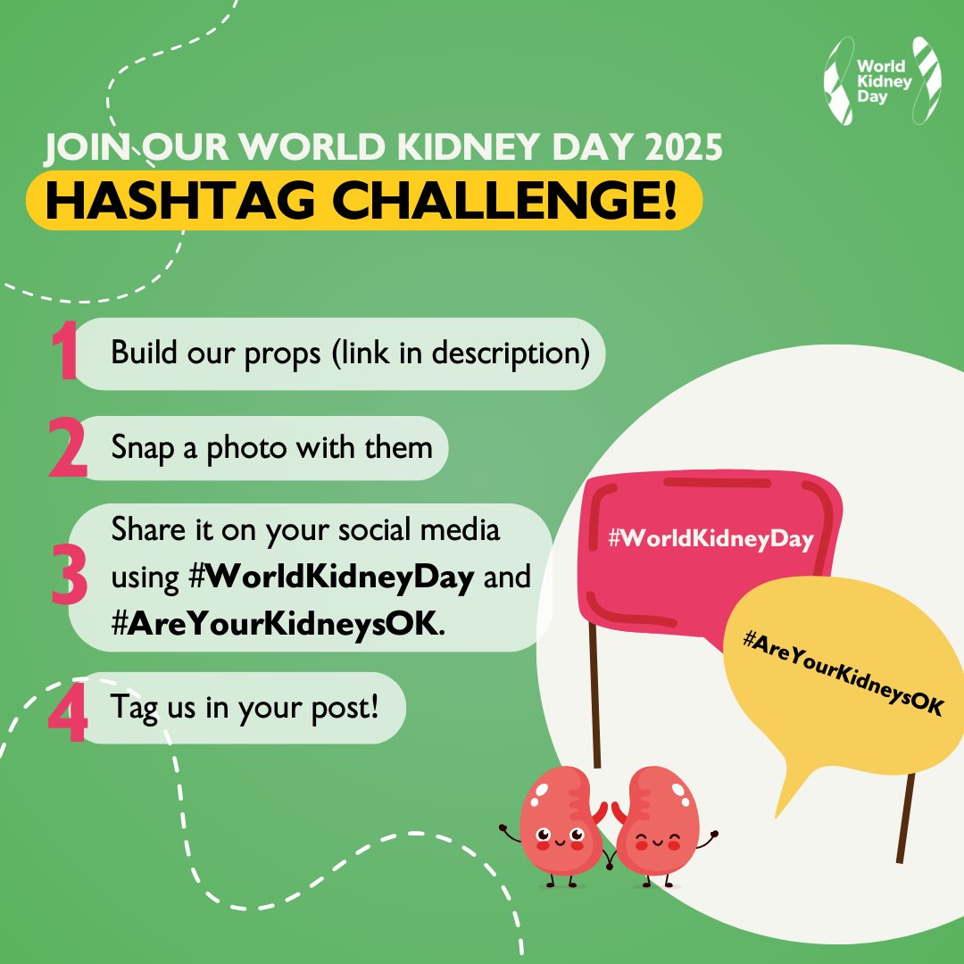 worldkidneyday's tweet image. Our new 2025 #HashtagChallenge has launched! 

Share your photos using our #props with the hashtag #AreYourKidneysOK and remember to tag us so that we can repost. 

Download our props here : worldkidneyday.org/knowledge-bank…

#WorldKidneyDay #AreYourKidneysOk #KidneyHealthMatters