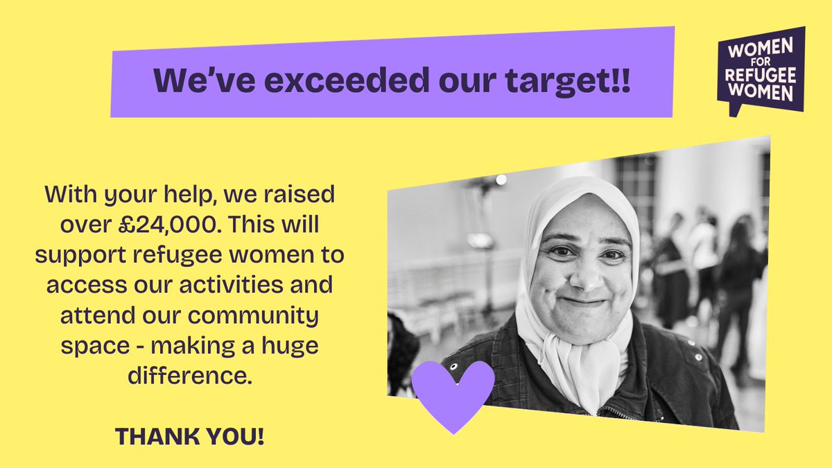 🎊 We exceeded our <a href="/BigGive/">Big Give</a> target!

With your help, we raised over £24,000 to support refugee women to access our activities and attend our community space.

We’re so grateful to everyone who supported and shared!

We couldn’t have done it without you 💜

THANK YOU!