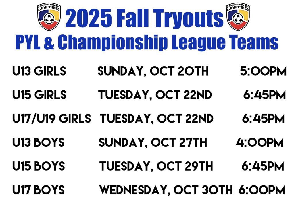 🚨2025 TRAVEL TEAM TRYOUTS 🚨

Please see schedule below 👇 

📍 All tryouts to take place at Sweetapple Field.

📧 Email cbminorsoccer@gmail.com to register.

#UnitedWeStand