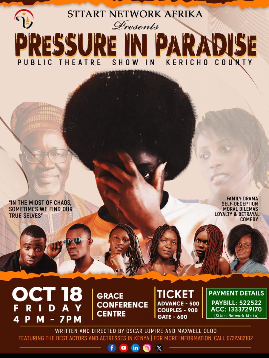 amerix's tweet photo. Theatre Lovers:
If you are in Kericho or Nairobi, attend these theatrical performances.
"Pressure In Paradise" will happen in Kericho, written & directed by Oscar Lumire.
"Money Made Man Mad" in Nairobi written & directed by Allan Shioso.
Support artists.
#ThursdayMarkets https://t.co/nSFiNS6cvG