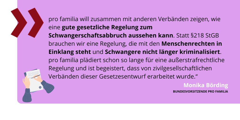 „Wir von pro familia sind begeistert, dass von zivilgesellschaftlichen Verbänden dieser Gesetzesentwurf erarbeitet wurde. Statt §218 StGB brauchen wir eine Regelung, die mit den Menschenrechten in Einklang steht und Schwangere nicht länger kriminalisiert.“ #wegmit218