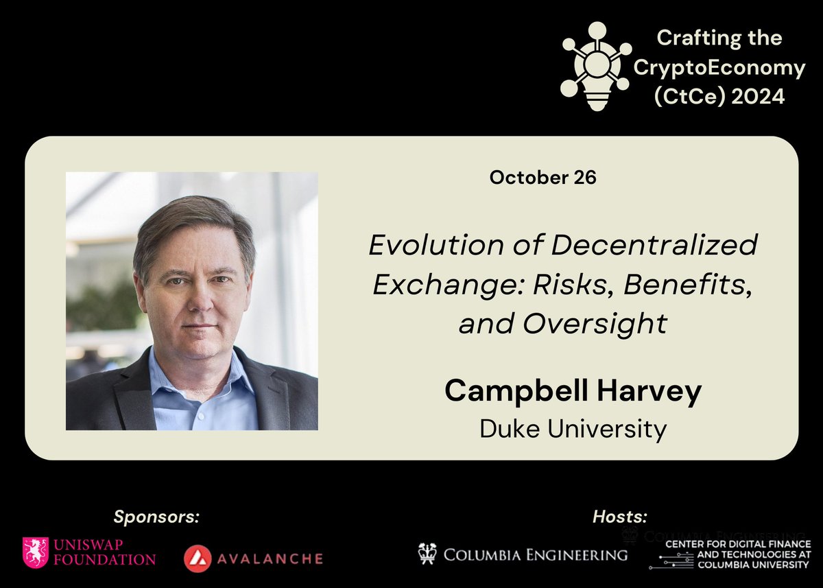 cryptoeconprof's tweet photo. 💡@camharvey @DukeFuqua discusses his work on #DEX regulation with Troy Paredes, Brain Nistler @UniswapFND and @leelaughs5x at the CBER CtCe Conference

📅 October 25 - 26
📍 Columbia Engineering Innovation Hub
🔗 Register at https://t.co/azF2p4ioxG https://t.co/0VdZXOcu70