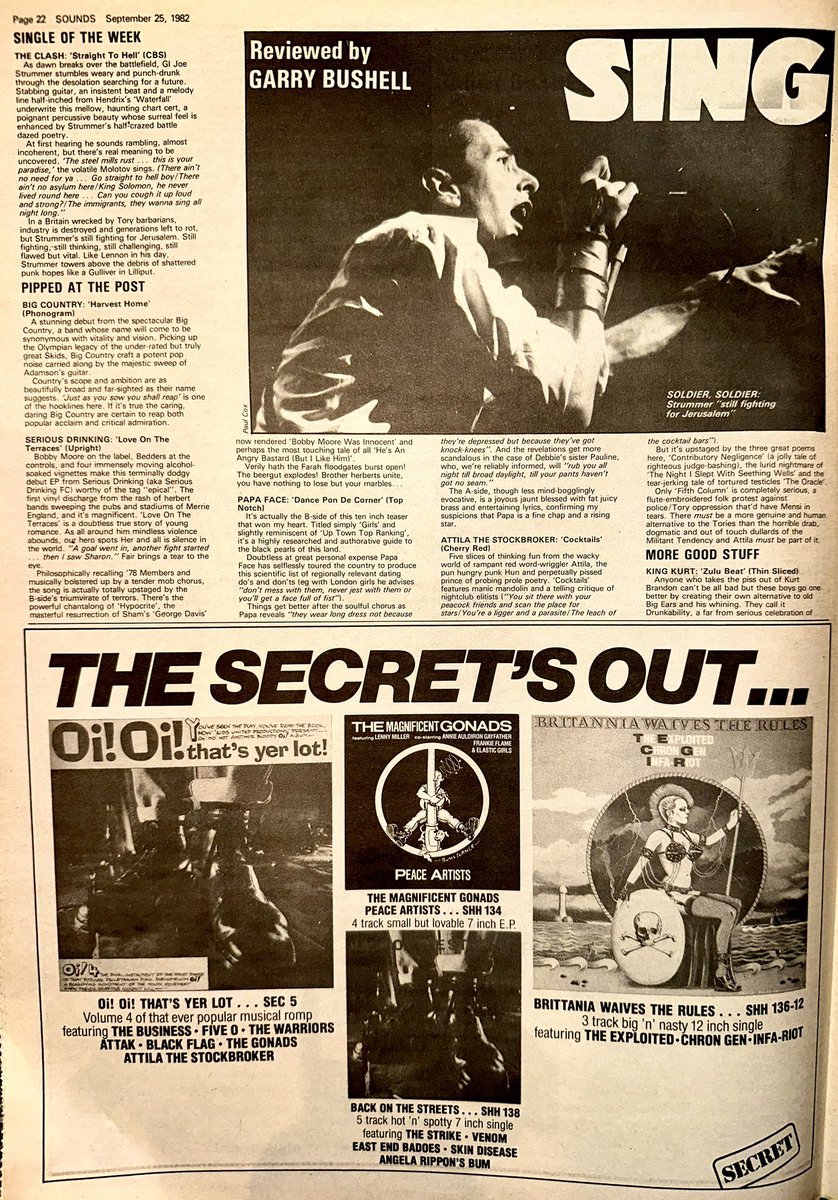 ZoundsAbound's tweet photo. Garry Bushell reviews the Singles this week and awards first prize to @TheClash for ‘Straight To Hell’.

Close contenders were ‘Harvest Home’ by @BigCountryUK &amp; ‘Love On the Terraces’ by #SeriousDrinking 

Plenty of interesting releases besides these.

Sounds Sep 25th 1982 https://t.co/buaBxmvDjJ