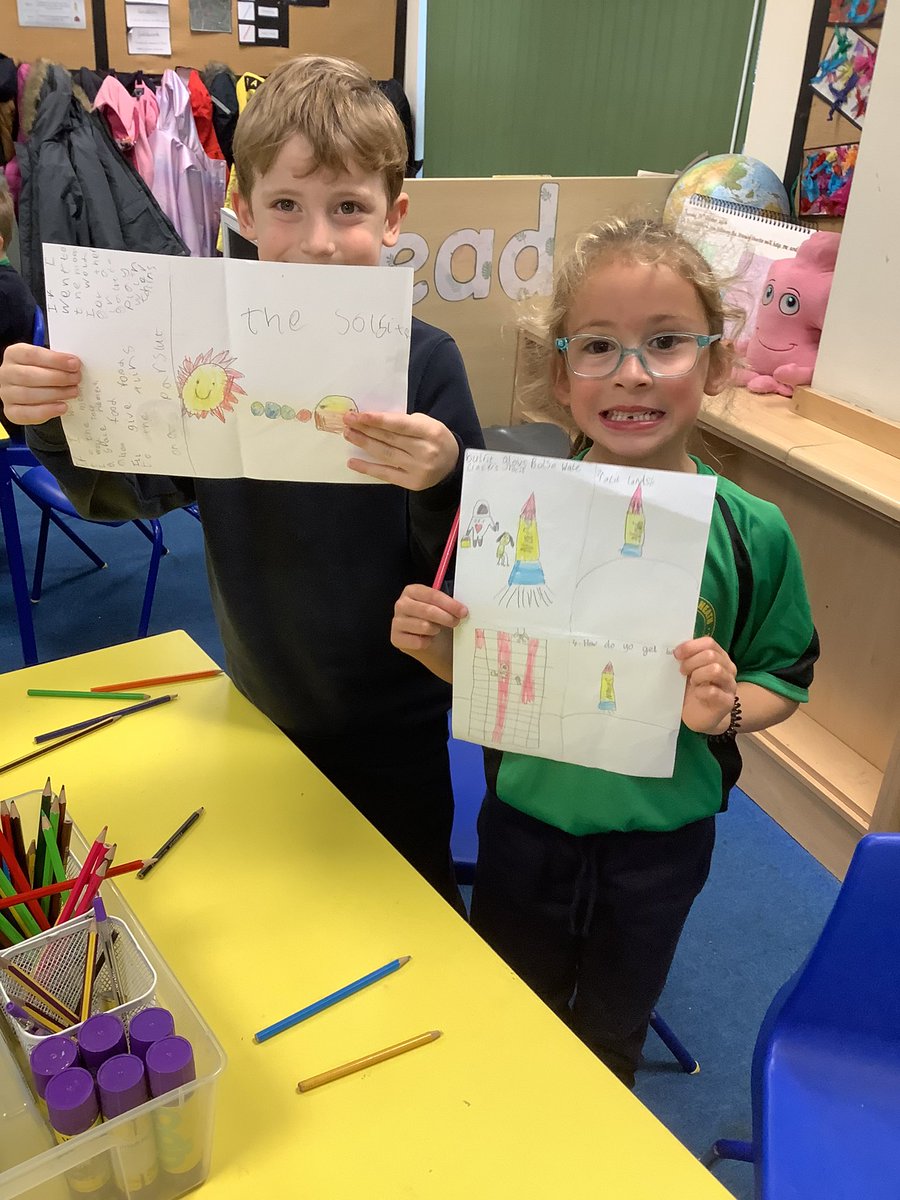 Starting 2L Space Camp ⛺️ with a trip to the moon with Wallace &amp; Gromit and creating a travel guide booklet to describe what we need to prepare and how we will get there. Look at our rocket ships! 🚀