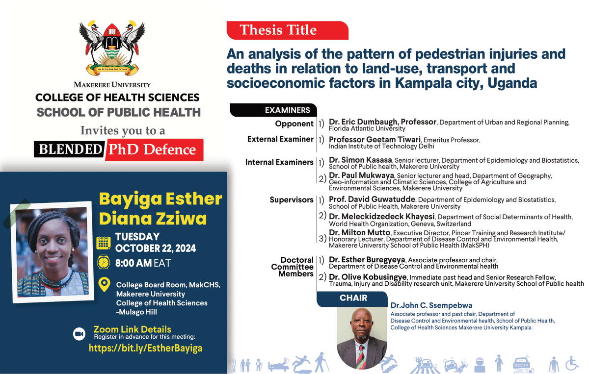 MakSPH's tweet photo. 🗓️Save the Date
Esther Bayiga will be defending her PhD on on Tuesday Oct. 22, 2024 at 8:00 AM EAT @MakerereCHS  Board Room-Mulago Hill.
Esther is a member of World's First Global Technical Advisory Group on Motorcycle Safety convened by @WHO

🔗 https://t.co/R5q2Dh05h9 https://t.co/ovZWDUfekA