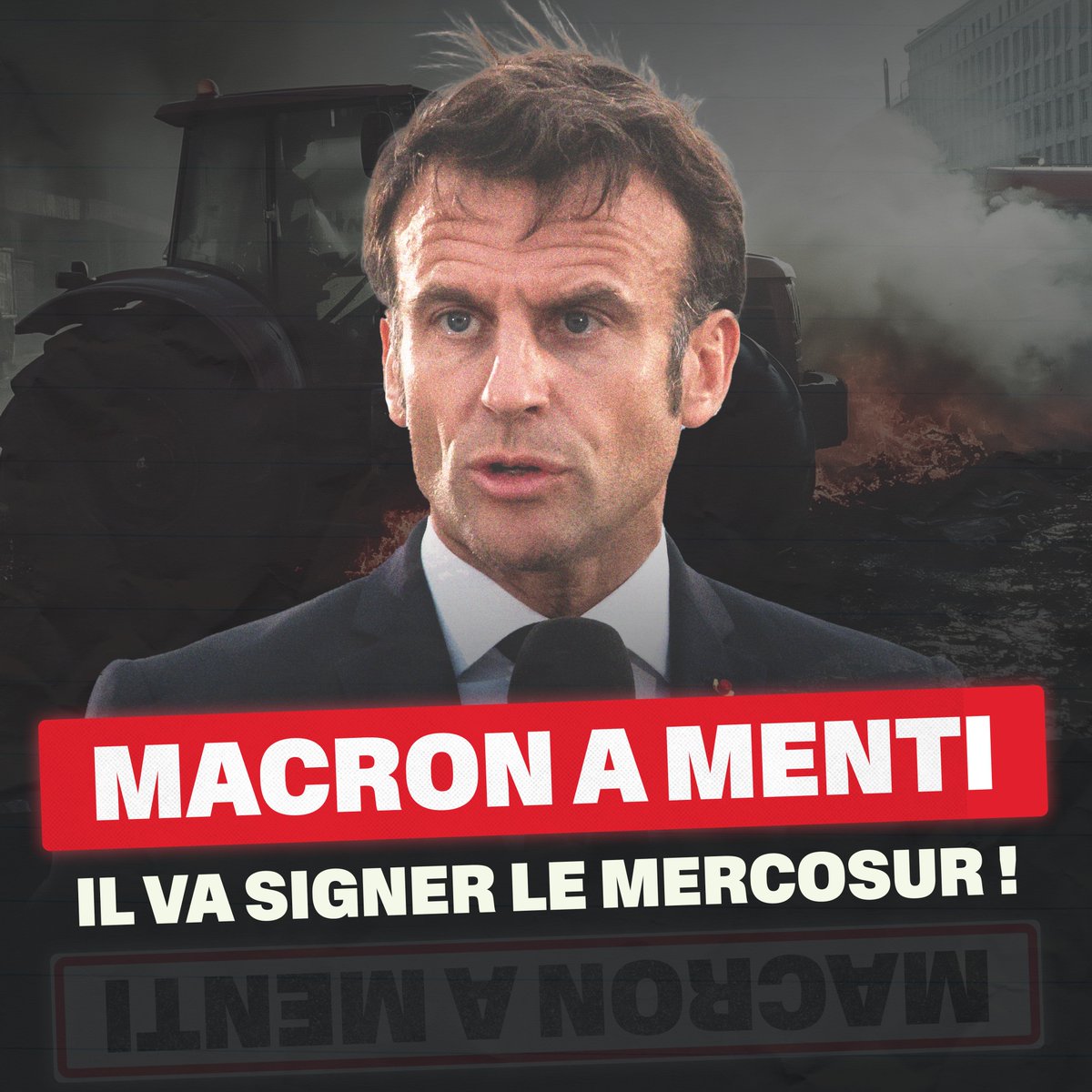 Macron se couche devant la Commission et va signer le Mercosur !

Il livre nos agriculteurs aux fermes-usines du Brésil, en échange d'un pitoyable "fonds d'indemnisation" ! L'Assemblée doit être saisie et rejeter ce traité nuisible pour notre souveraineté et pour la planète.