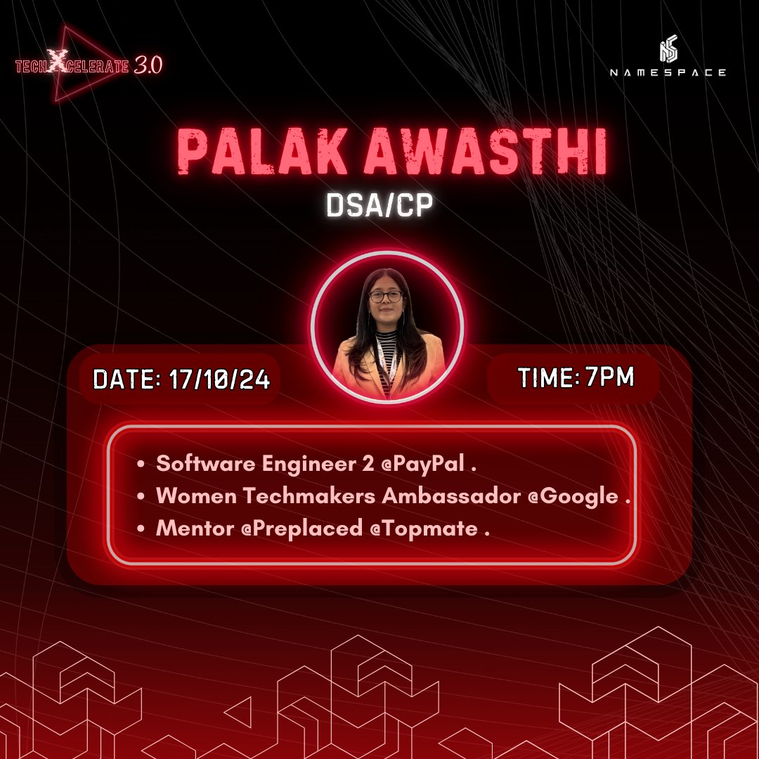 namespaceworld's tweet image. Day 4 - TechXcelerate 3.0: DSA/CP with @iampalakawasthi 
Get ready for an enriching session on Data Structures &amp;amp; Algorithms (DSA) and Competitive Programming (CP) with Palak Awasthi.

🗓 Date: 17 October 2024
⏱ Time: 7-8 PM

#TechX3 #DSA #CP #PayPal