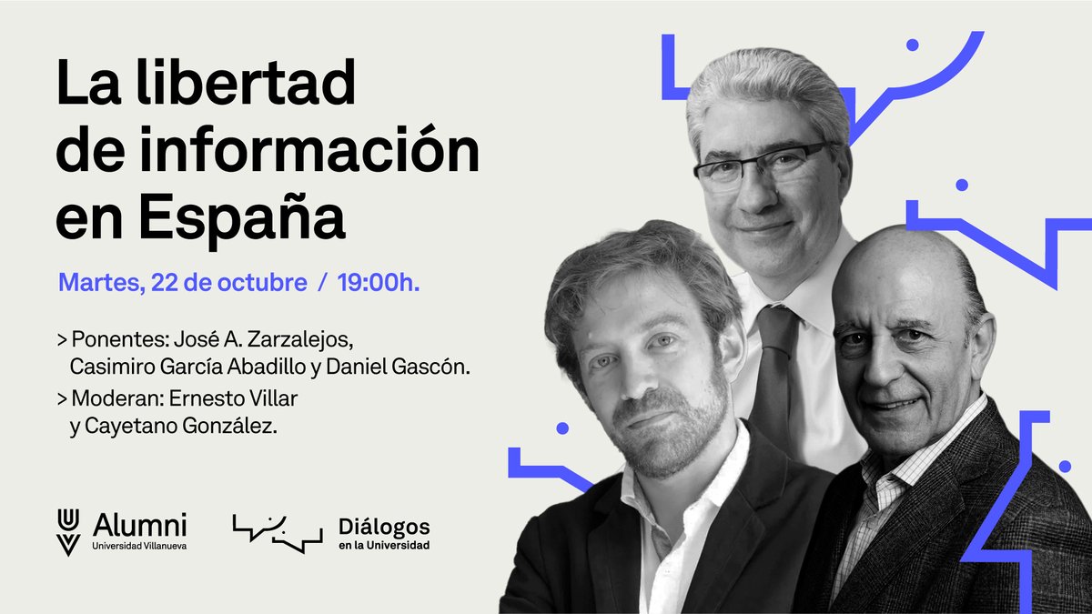 El próximo martes 22 de octubre, hablaremos sobre «La libertad de información en España» en un nuevo encuentro de #DiálogosEnLaUniversidad.

Contaremos con <a href="/JZarzalejos/">Jose Antonio Zarzalejos</a>, <a href="/garcia_abadillo/">c. garcia-abadillo</a>, <a href="/gascondaniel/">Daniel Gascón</a>, <a href="/ernvillar/">ernvillar</a> y Cayetano González Hermosilla.

🔗 loom.ly/he3kqjc