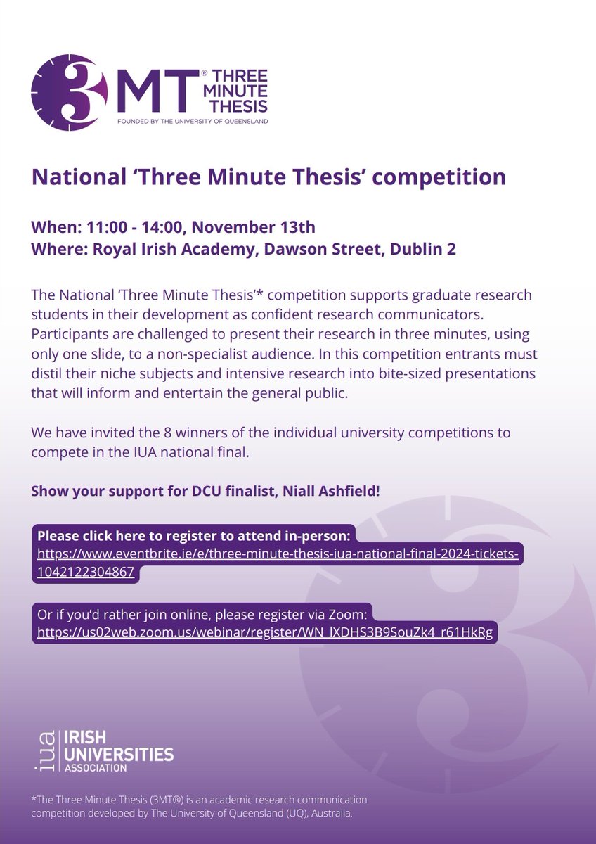 I'm so excited to be representing DCU in the National 'Three Minute Thesis' final on the 13th November!  

Links to register are below for anybody who's interested in coming along - even if you're from another university, you know you really want to come out and support me 😉