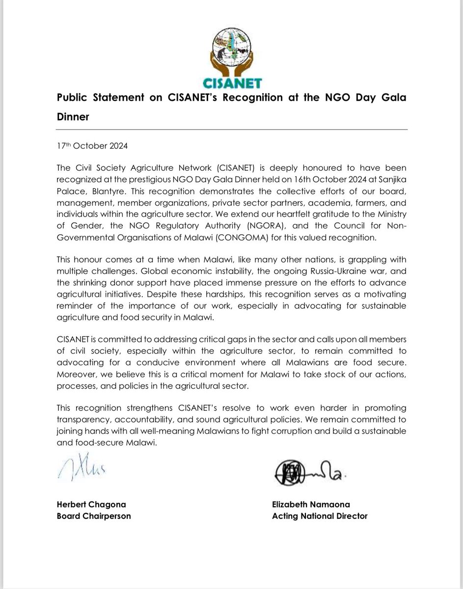 "Yesterday, CISANET made history as the President of Malawi, Dr. Lazarus Chakwera, presented us with a prestigious award for our outstanding contributions to the agriculture sector, during the NGO Gala Dinner at Sanjika Palace in Blantyre.

We are thrilled of the recognition and