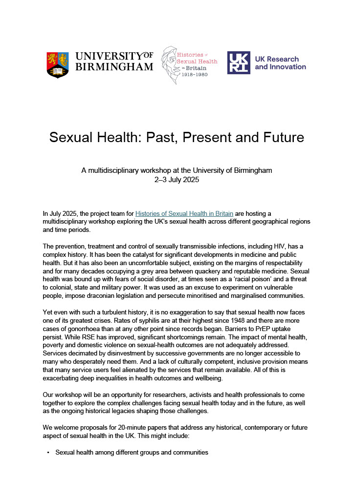 HealthHistories's tweet photo. We are excited to share the call for papers for our multidisciplinary workshop ‘Sexual Health: Past, Present and Future’. Please share widely!
⏰Deadline for abstracts: 14 February 2025
👉Our website: https://t.co/8zGnoTBn8O
#histsex #histmed #sexualhealth #SRH #GUM https://t.co/DWlIMiRaEI