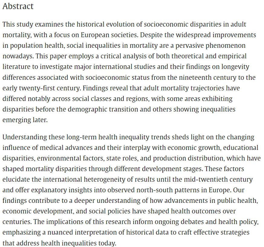 Just accepted: "Social Inequalities in Adult Mortality across Europe (XVIII-XXI Centuries): A Critical Analysis of Theories and Evidence", by Luque de Haro. Link: doi.org/10.1016/j.ehb.…
