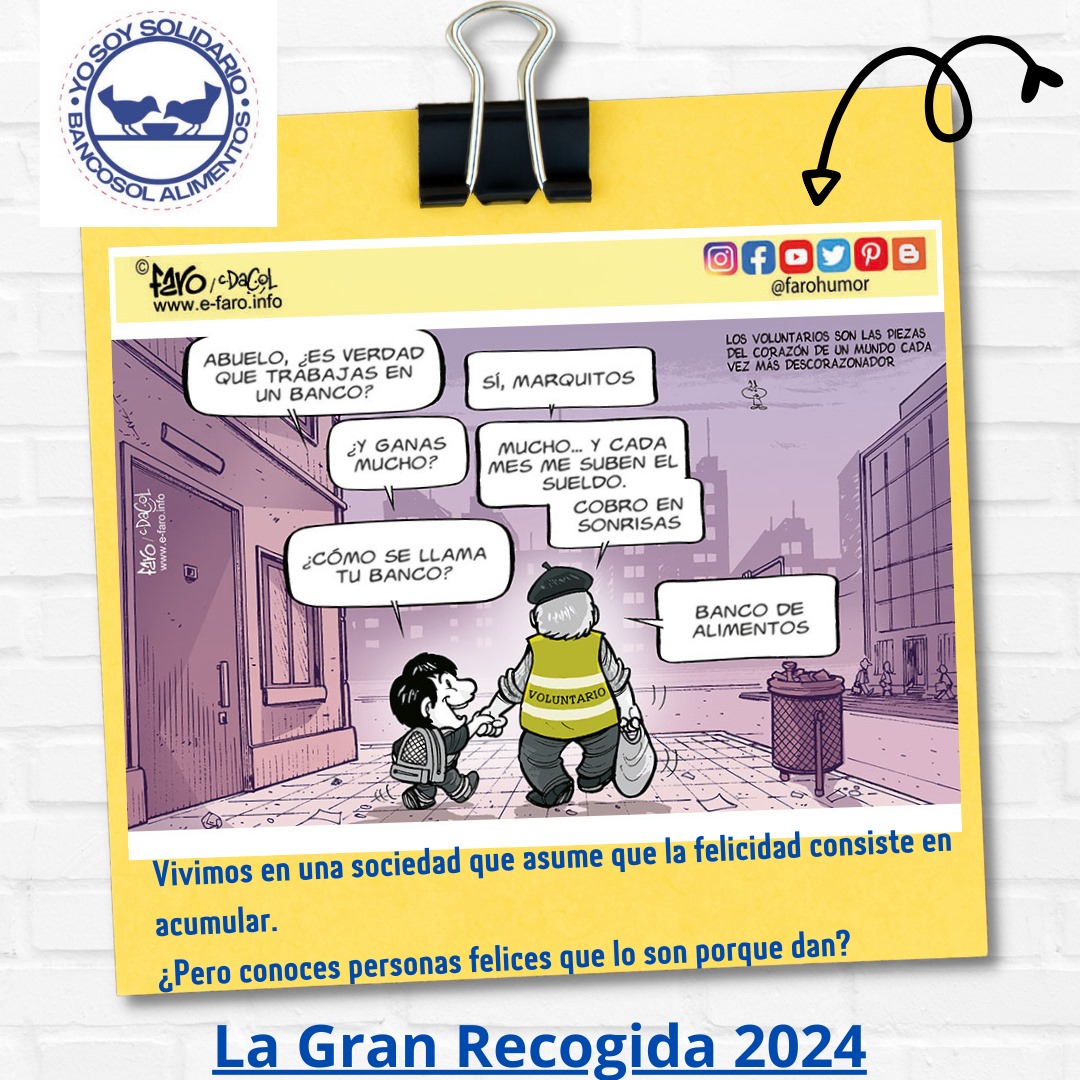 ¡Vuelve un año más La Gran Recogida! Los días 22 y 23 de noviembre empieza la campaña de Bancosol en la que podrás participar mediante Bizum o transferencia y contribuir a conseguir alimentos para todos.
¡Contamos contigo!