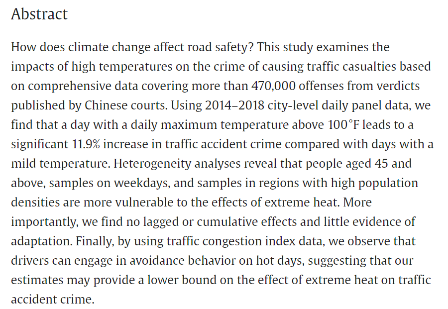 Just accepted: "High Temperatures and Traffic Accident Crimes: Evidence from More than 470,000 Offenses in China", by Zhang and Wang. Link: doi.org/10.1016/j.ehb.…