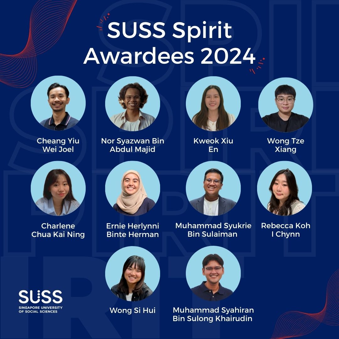 #SUSSAchievers: 🤩💗 We are excited to announce the SUSS Spirit Award 2024 recipients, recognized for their leadership in youth empowerment and sustainability, reflecting the SUSS spirit of Dream, Dare, Do. Read more about their stories here: suss.to/3YoQydU