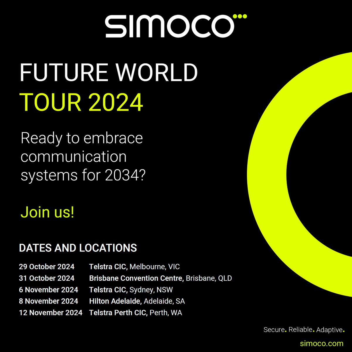 SimocoWS's tweet image. Thank you to everyone who stopped by our stand at Comms Connect Melbourne exhibition .

🌟 The journey doesn’t end here! This October, we’re launching our Future World Tour!

Register here  👉 bit.ly/47YN70A

#AdaptiveCommunications #Simoco