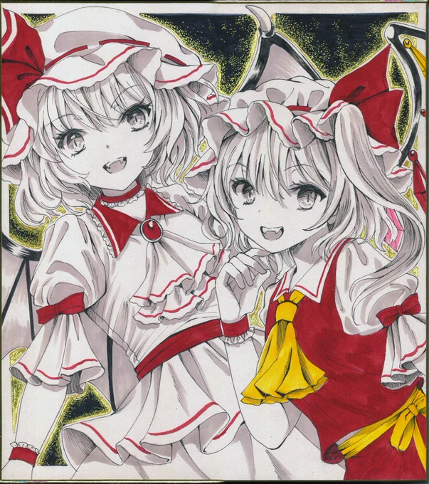 アナログで描いたレミリアおぜうさま&amp;フランちゃんです(ワンドロ絵のリメイクです)レミフラセットで描いたの久しぶりかも?黒背景に金色で点描打ってるので原画は光っています。秋例大祭に持ち込みます～ 