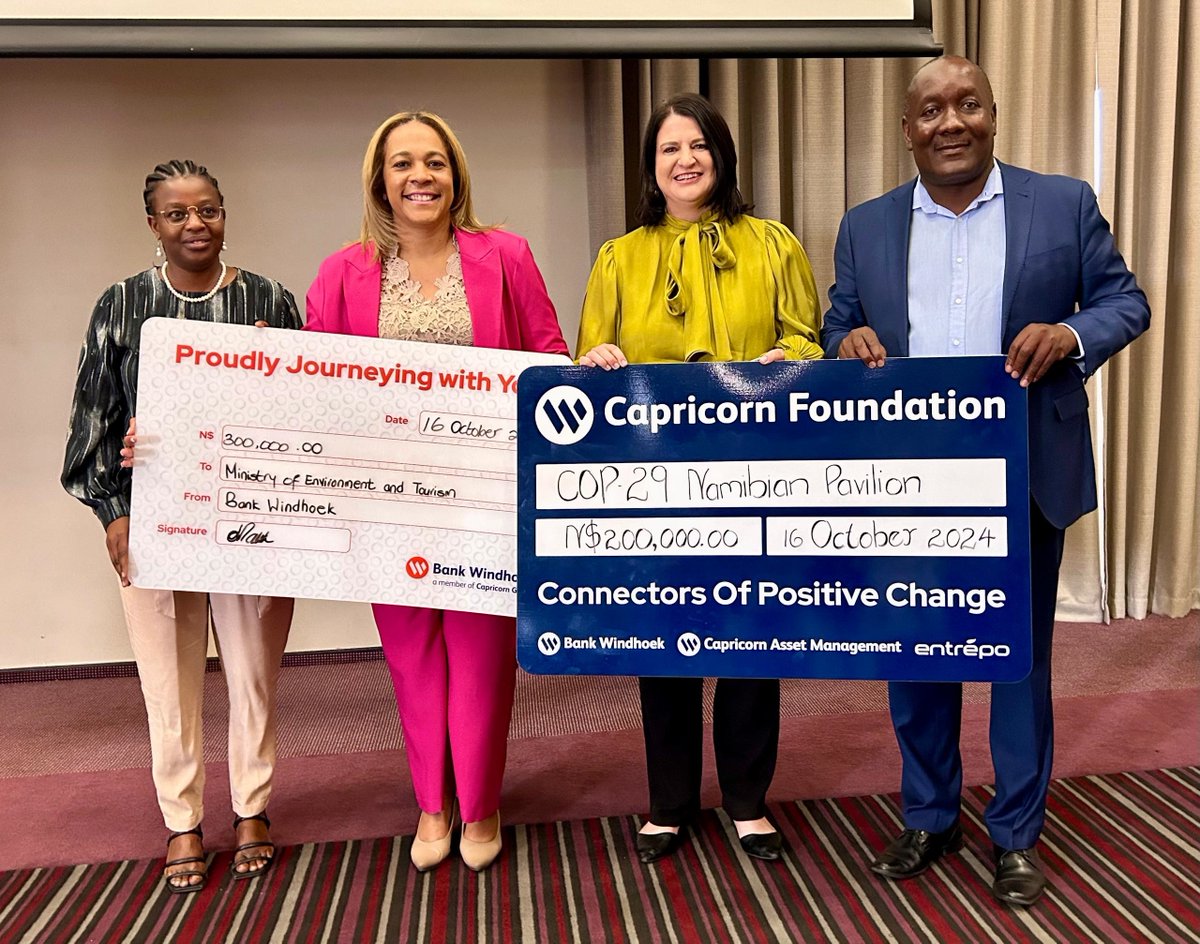 GroupCapricorn's tweet image. Capricorn Group, Capricorn Foundation, and Bank Windhoek donated N$500,000 to the Ministry of Environment, Forestry, and Tourism for Namibia&apos;s participation in the COP29 conference in Baku, Azerbaijan, in November 2024. Read more at bit.ly/4870tIx

#MakePositiveChanges