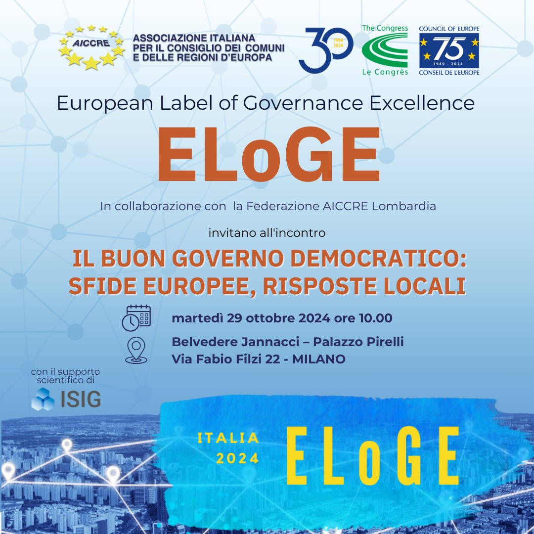 martedì 29 ottobre  ore 10.00 presso il Palazzo Pirelli di Milano, avrà luogo il primo incontro in merito al 𝗣𝗿𝗼𝗴𝗿𝗮𝗺𝗺𝗮 𝗘𝗟𝗼𝗚𝗘 𝗜𝘁𝗮𝗹𝗶𝗮 𝗲𝗱𝗶𝘇𝗶𝗼𝗻𝗲 𝟮𝟬𝟮𝟰:
🔸ɪʟ ʙᴜᴏɴ ɢᴏᴠᴇʀɴᴏ ᴅᴇᴍᴏᴄʀᴀᴛɪᴄᴏ: ꜱꜰɪᴅᴇ ᴇᴜʀᴏᴘᴇᴇ, ʀɪꜱᴘᴏꜱᴛᴇ ʟᴏᴄᴀʟɪ🔸