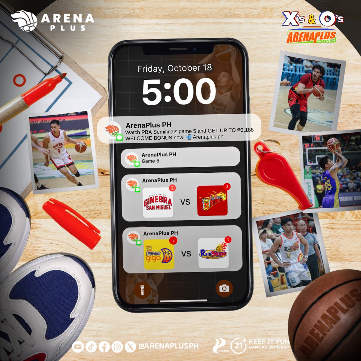arenaplusph's tweet photo. I-comment kung anong team ang tuluyang aangat sa Game 5?✊🏽

🏀 GINEBRA vs. SAN MIGUEL
🏀 TNT vs. RAIN or Shine 

May manok na ba kayo sa mga tapatang ‘to? Tara na’t manood ng #ArenaPlusLive X’s and O’s sa RPTV

Watch #PBA semifinals game 5 and GET UP TO ₱3,188 WELCOME BONUS NOW 📲 https://t.co/jYuJSTNGDF

#ArenaplusPH #AstigSaSports #KasamaKaSaPanalo #OneSports #PBA #EveryonesGame #PBAAngatAngLaban
