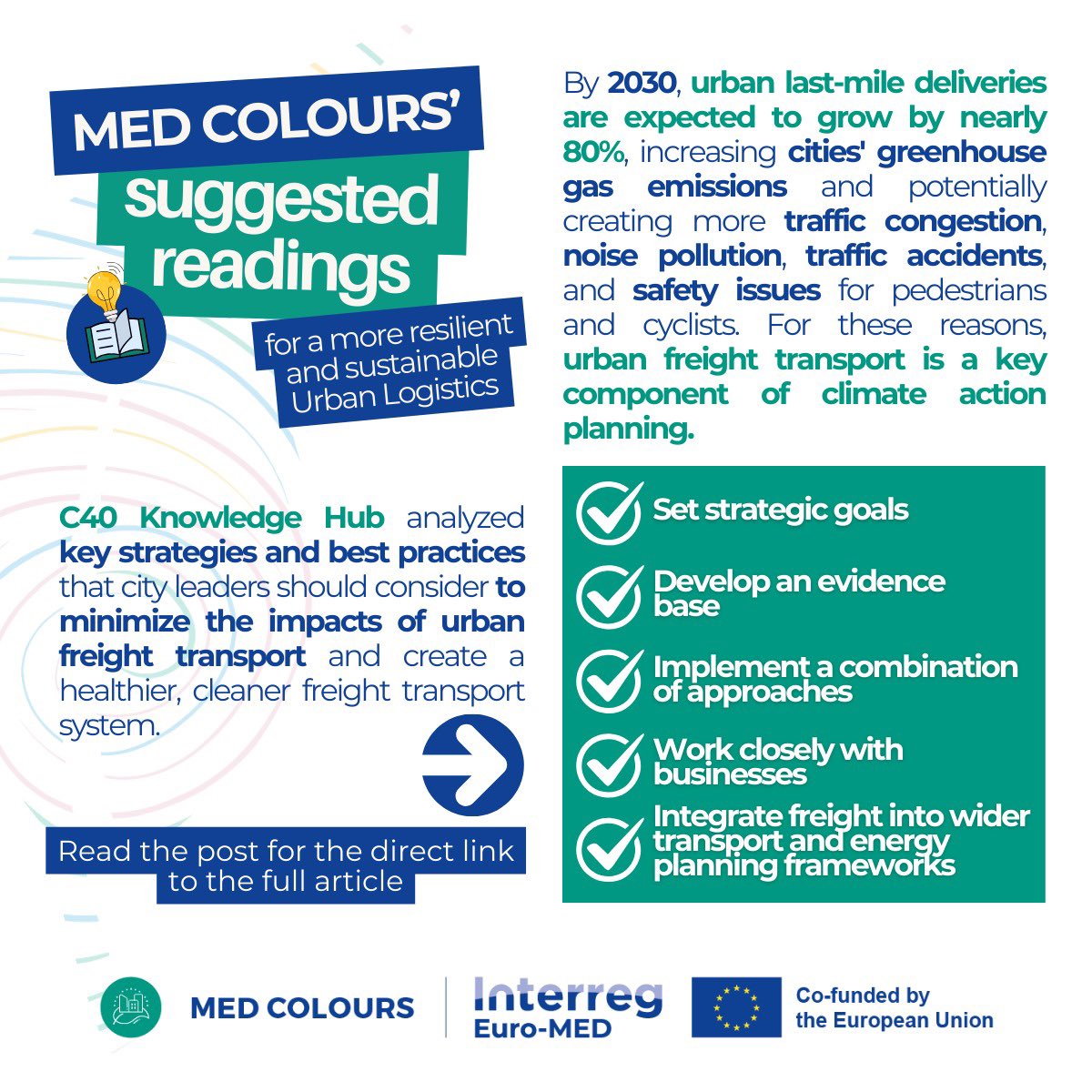 💡📚 #MEDCOLOURS' suggested readings for a more resilient and sustainable #UrbanLogistics! ✨

👉🏼 How to decarbonise #UrbanFreight in your city? 📦🚚

💡 Click here to find out more: linkedin.com/feed/update/ur…